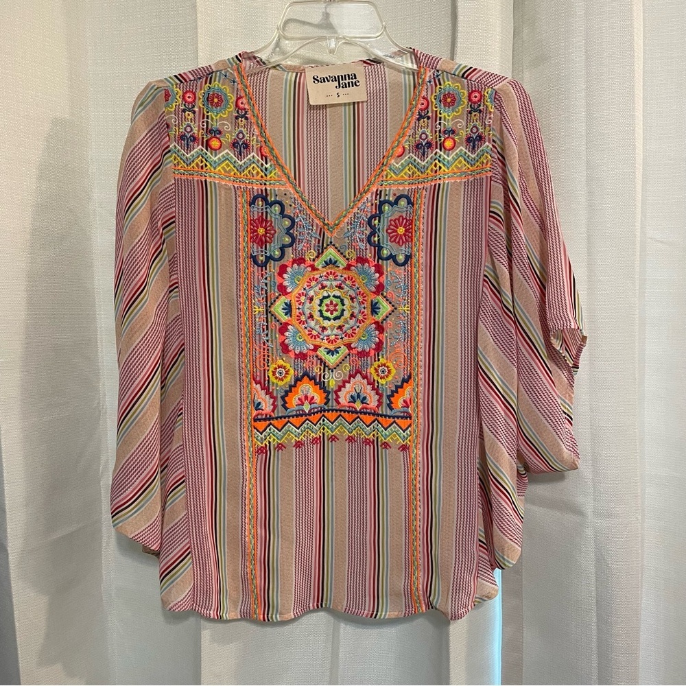Savanna Jane Summer Spring‎ Shirt Stripes Colorful Embroidered Size Small